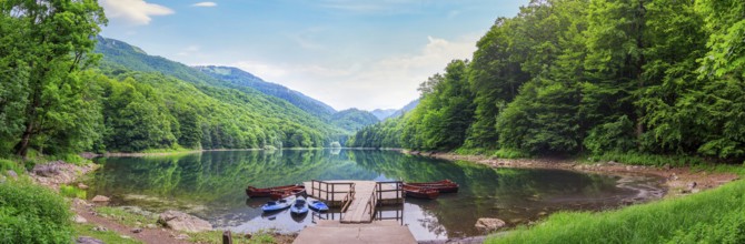 Panorama of Biogradskoe Lake in early morning, Montenegro, Europe