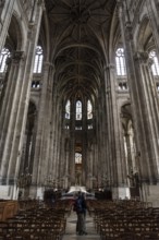 PARIS, FRANCE, MAY 24, 2022, Tall columns and beautifully ornate ceiling in the gothic church Saint