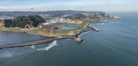 Part of city Constitucion Chile and coastline Pacific Ocean, aerial view