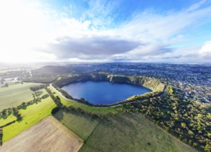 The rural town of Mt Gambier and its famous Blue Lake crater on a sunny autumn day in South