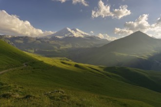 Beautiful view of Mount Elbrus at sunset, North Caucasus mountains, Russia, Europe