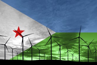 Djibouti flag wind farm at sunset, sustainable development, renewable energy Wind Turbines