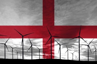 England flag wind farm at sunset, sustainable development, renewable energy Wind Turbines