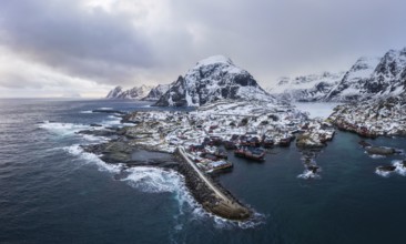 Fishing Village A, Rorbu, Sea and Mountains in Winter. Moskenes, Lofoten Islands. Landscape of