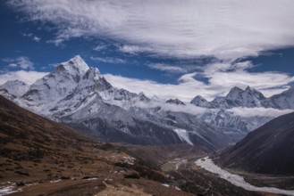 Ama Dablam Mountain and Khumbu Valley on Sunny Day. Himalaya, Nepal, Asia