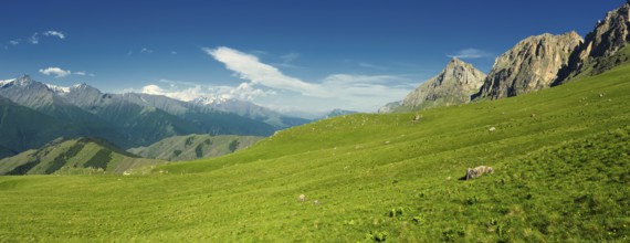 Beautiful summer aerial panorama landscape in Caucasus Mountains, Republic of Ingushetia, Russia,