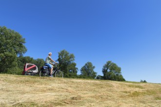 Senior man on bike with dog in a trailer on a Dutch dike