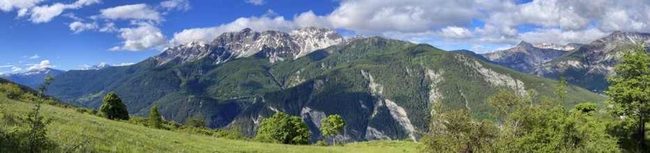 Mountain panorama above Bardonecchia with Pointe Cloutzau and Aiguille Rouge, railway tracks,
