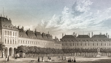The Place des Vosges, Paris, antique steel engraved print, 1831