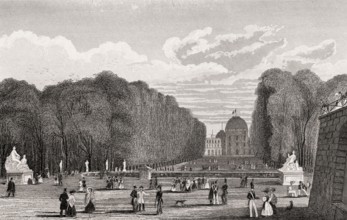Garden of the Tuileries Palace, Paris, antique steel engraved print, 1831