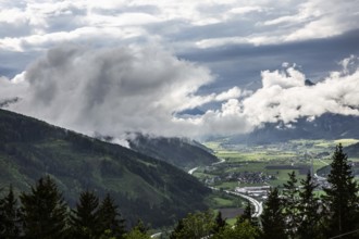 Clouds and fog over the Liesingtal, in the valley the village Traboch, Schoberpass federal road,