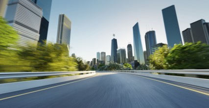 Highway overpass motion blur with cityscape skyline