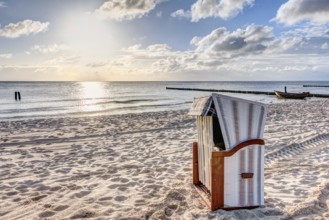 Beach chairs in the morning after sunrise in summer