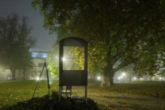 Dresden's old town shrouded in November fog. Brühl's Garden. Caspar David Friedrich monument by