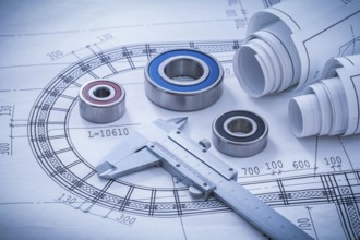 Construction plans caliper roller bearings on blueprint architecture and building concept