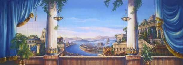 Theatre backdrop featuring a scene of ancient Babylon