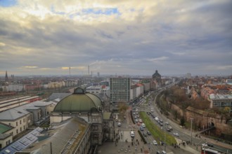 Bird's eye view of the main railway station, Frauentorgraben with opera house and city wall,