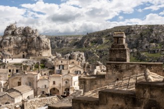 View of historic cavern basilica San Pietro in Monte Errone in historic downtown Matera, Southern