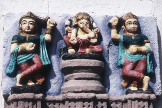 Sculpture of Lord Ganesh with wives, Sayla, Gujarat, India, Asia