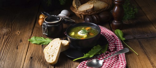 Rustic sorrel soup with potatoes and cream