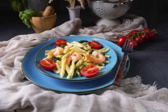 Strozzapreti pasta with spinach and prawns