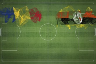 Romania vs Uganda Soccer Match, national colors, national flags, soccer field, football game,