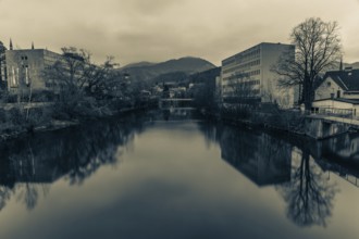 View of the river Mur and the town hall, long exposure, Leoben, Styria, Austria, Europe