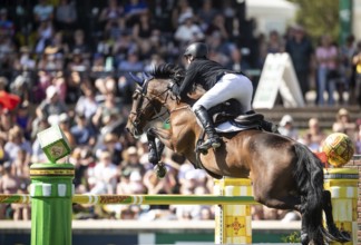 Daniel Coyle of Ireland and riding Legacy compete in the first round of the 1.60m CPKC