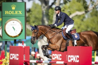 British rider Ben Maher riding Dallas Vegas Batilly competes in the second round and jumpoff of the
