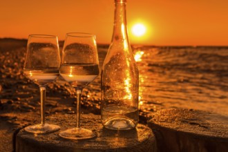 Wine on the baltic sea beach at sunset