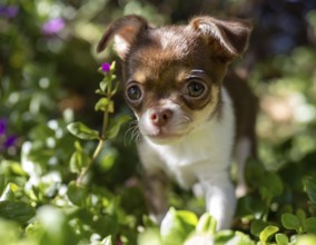 With bright eyes and a sense of wonder, a Chihuahua puppy explores a lush garden, peering through a