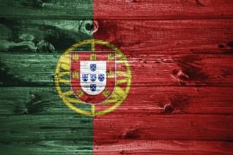 Portugal flag on wooden planks background wood flag