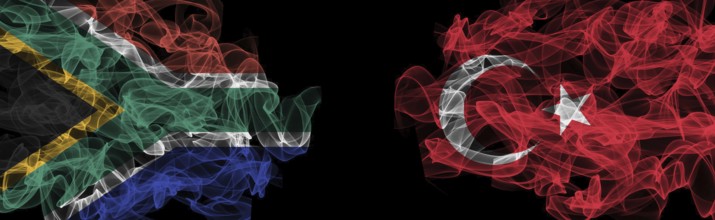 Flags of South Africa and Turkey on Black background, South Africa vs Turkey Smoke Flags