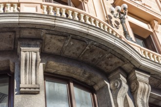 Madrid, Spain, September 18, 2016: Low angle view of buildings at Gran Via Street in Madrid. It is