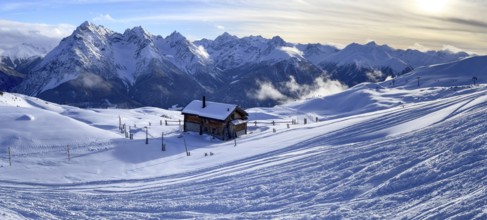 Panorama, view over the ski area from Motta Naluns over Sccuol towards Val S-charl, Engadin,