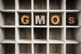The word GMOS written in vintage ink stained wooden letterpress type in a partitioned printer's