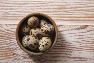Quail eggs in a little bowl with nest shape on white wooden board
