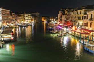View from the Rialto Bridge over the Grand Canal, night shot, long exposure, Venice, Italy, Europe