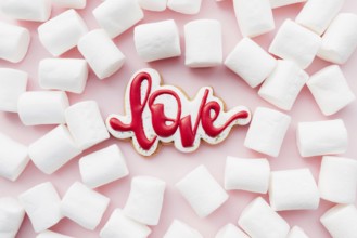 Gingerbread cookies love with white marshmallow. Valentine card. Pink background.