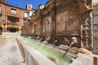 Twenty pipes fountain in Daroca village province of Zaragoza, Spain, Europe