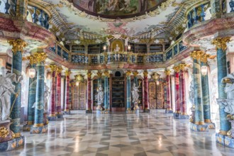 WIBLINGEN, BAVARIA, GERMANY, JUNE 08, 2022 : Rococo and baroque decors of the library in Wiblingen