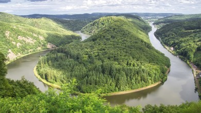 Saarschleife view from tree top walk tower. A lookout tower in Saarland. Pure nature. Scenic a