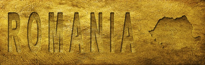 Romania Map and Text on Grunge Gold Texture