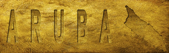 Aruba Map and Text on Grunge Gold Texture