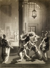 After the Sanhedrin trial of Jesus, New Testament, steel engraving 1853, digitally restored