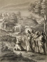 Jesus Christ cures 10 lepers, Steel engraving 1853, digitally restored