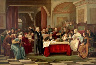 Christopher Columbus standing before King Ferdinand and Queen Isabella on his return to Spain,