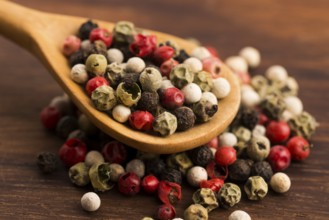Mixed green, red, white and black peppercorns