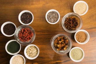 Bowls of various superfoods