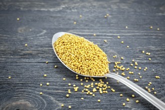 Mustard seeds in a metal spoon on the background of a wooden board